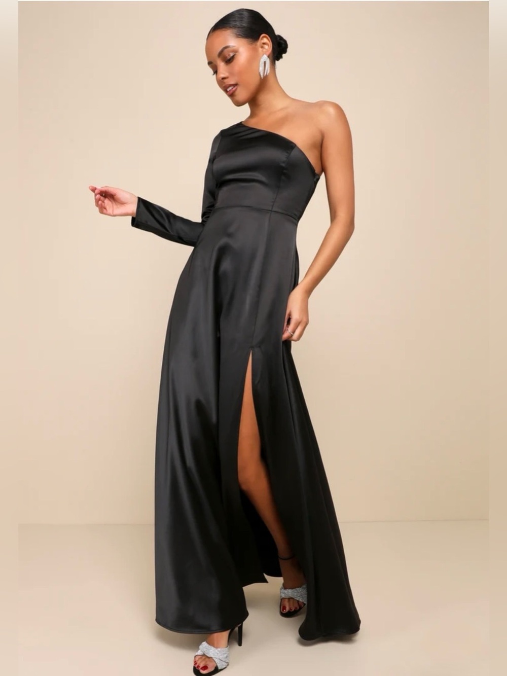 Lulus One-Shoulder Black Satin Formal Evening Gown Gothic Glam - Picture 2 of 16